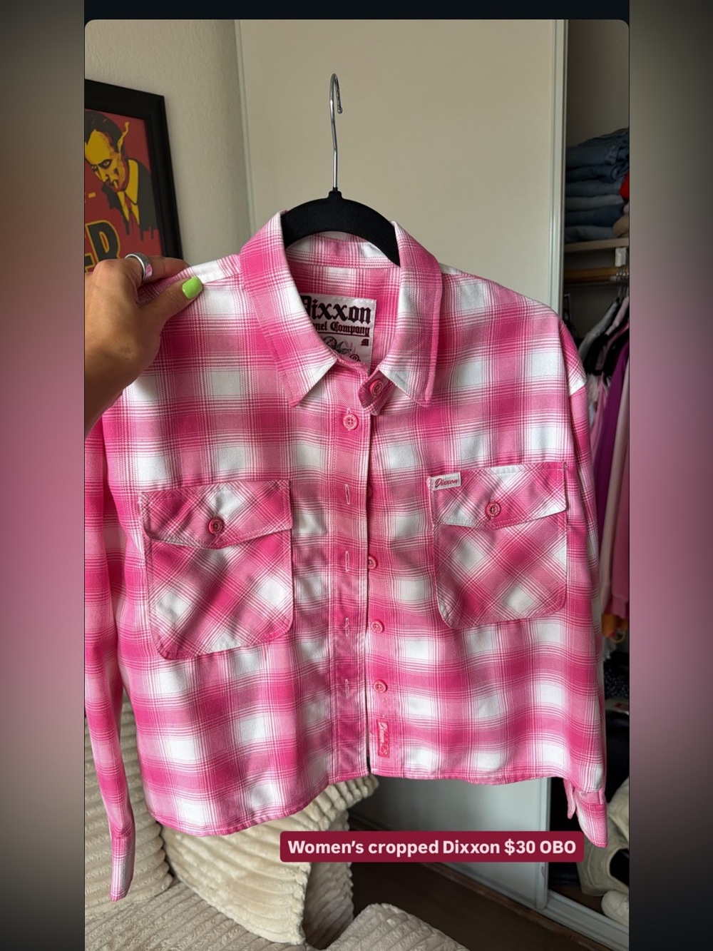 DIXXON Pink and White Plaid Cropped Button-Down Shirt